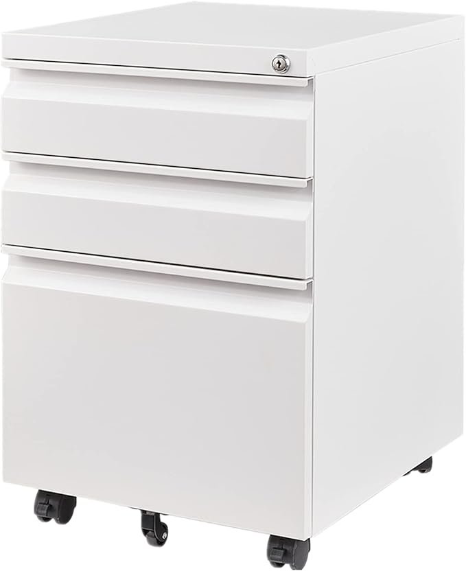 3 Drawers File Cabinet with Lock Metal Vertical File Cabient with Wheels Mobile File Cabinet for Office Home Fully Assembled (White)