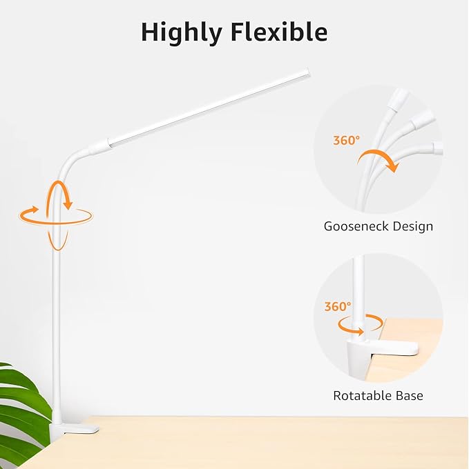 Lepro Small Desk Lamp with Clamp, LED Reading Lamps with 450LM, 3 Color Modes 10 Brightness, Dimmable USB Clip on Desk Light with Gooseneck Swing Arm for Nail, Home Office and Dorm (White)