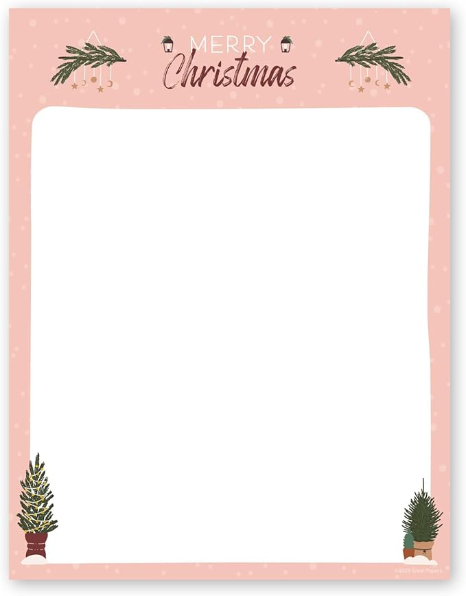 Greenery Merry Christmas Pink Letterhead / 50 Sheets / 8.5" x 11" Festive Tree Holiday Paper/Decorative Modern Winter Stationery Letterhead
