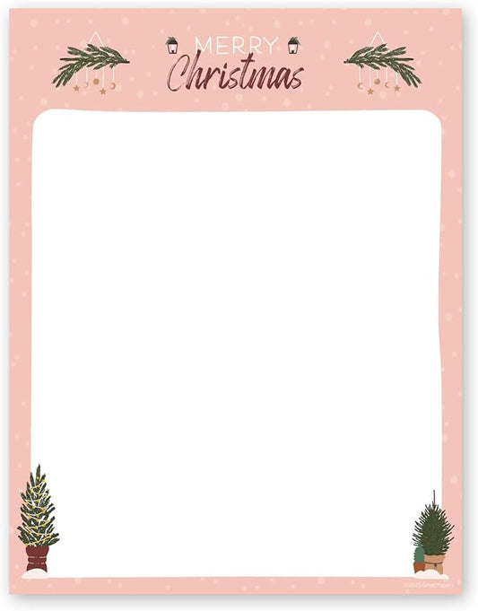 Greenery Merry Christmas Pink Letterhead / 50 Sheets / 8.5" x 11" Festive Tree Holiday Paper/Decorative Modern Winter Stationery Letterhead