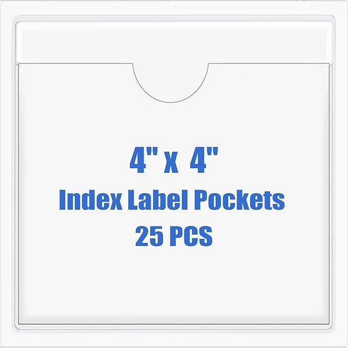 Origin-Joy 25 PCS Self-Adhesive Index Label Pockets, Clear Plastic Peel & Stick Card Holders with Top Open for Loading (4 x 4 inch)