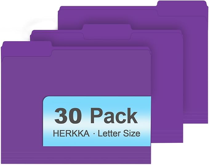 File Folder, HERKKA 30 Pack 1/3 Cut Tab File Folders, File Folders Great for Organizing and Filing, Letter Size, Purple