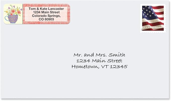 Teacups Rolled Personalized Return Address Mailing Labels with Dispenser, Set of 250, 5 Designs, Small ¾ x 2½ Inch Size, Custom Self-Adhesive Sticker Roll, by Colorful Images