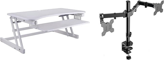 Rocelco 37.5" Height Adjustable Standing Desk Converter with Dual Monitor Mount and Slide Out Retractable Keyboard Tray - Sit Stand Up Double Screen Tabletop Riser Workstation - White (R DADRW-DM2)