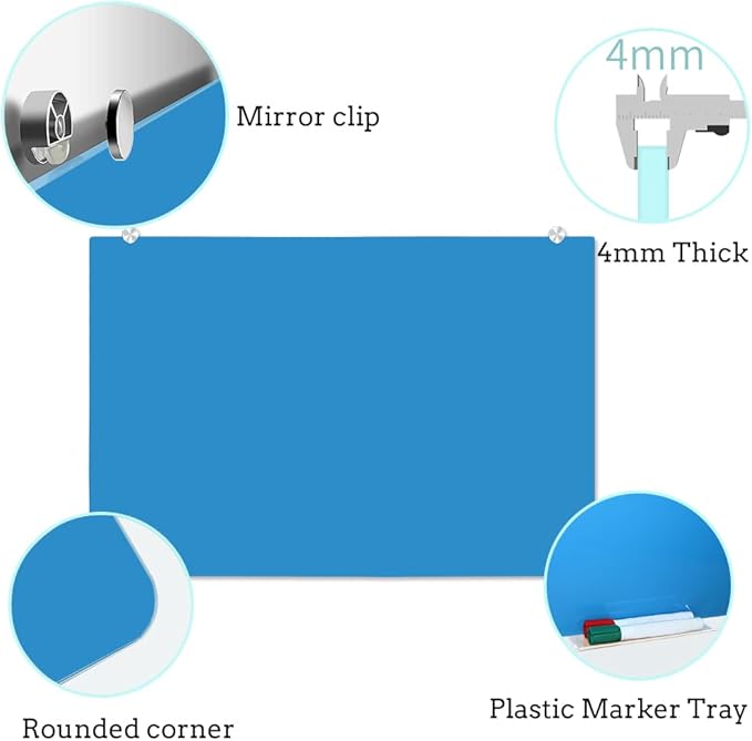 DEVELOP Large Magnetic Blue Glass Dry Erase Board, 60 x 36 Inches (150 x 90 cm), Modern Tempered Glass Whiteboard for Wall, Frameless White Board with Marker Tray, 4 Markers, 2 Magnets, 1 Eraser
