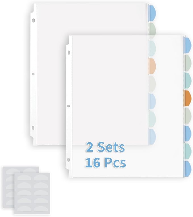 Binditek 16 Pack Heavyduty Clear Sheet Protectors with 8 Tabs, Sturdy Binder Sheet Protectors for 3 Ring Binder Letter Size, Multicolor Tabs, 8.5 x 11 Inches, Polypropylene, 2 Set, Label Sticker