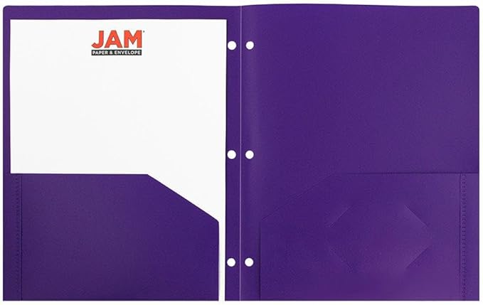 JAM PAPER Heavy Duty Plastic 3 Hole Punch Pocket Folders - Extra Tough School Folders - Purple - Bulk 144/Box