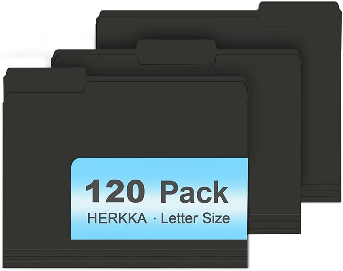 File Folder, HERKKA 120 Pack 1/3 Cut Tab File Folders, File Folders Great for Organizing and Filing, Letter Size, Black