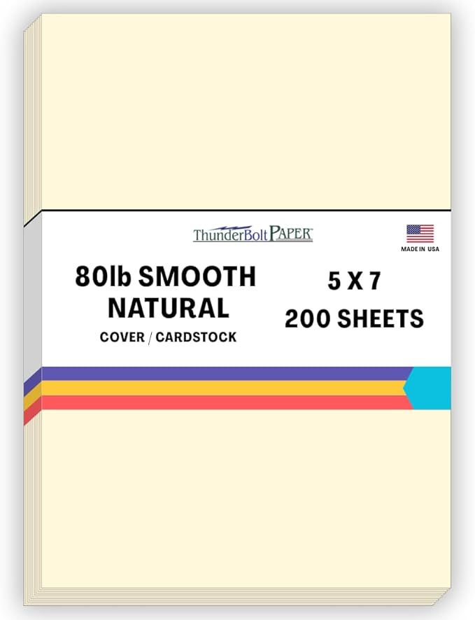 200 Natural Smooth Card Stock Sheets Paper - 5 X 7 Inches Photo Card Frame Size - 80# (80 lb/Pound) Cover Weight - Quality Paper - Smooth Finish