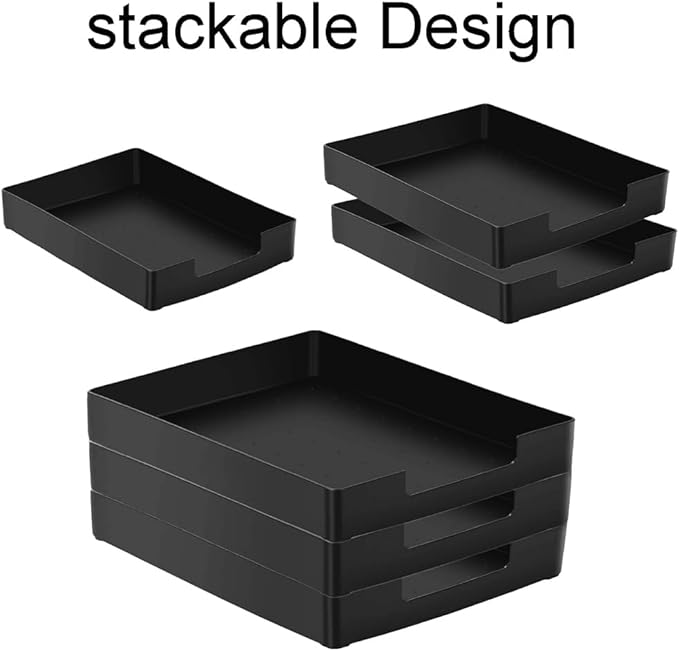 Letter-Size Tray, 2PCS Desk Drawer Organizer, A4 Plastic Paper Tray, Stackable Plastic Paper Holder File Organizer for Office, School, Home Storage (2X Black)