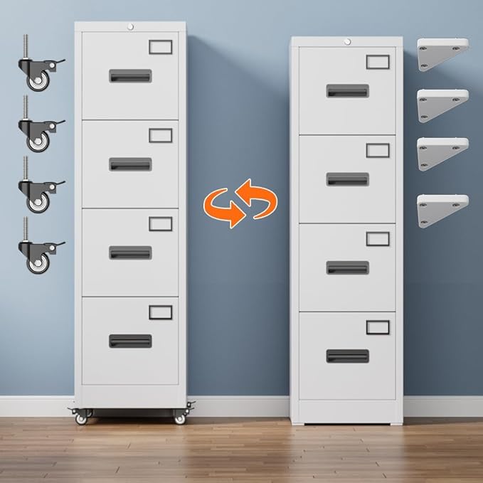 Aobabo 4 Drawer File Cabinet with Wheels, Lockable Metal Filing Cabinet with Name Card for Office and Home,Required Assembly,White