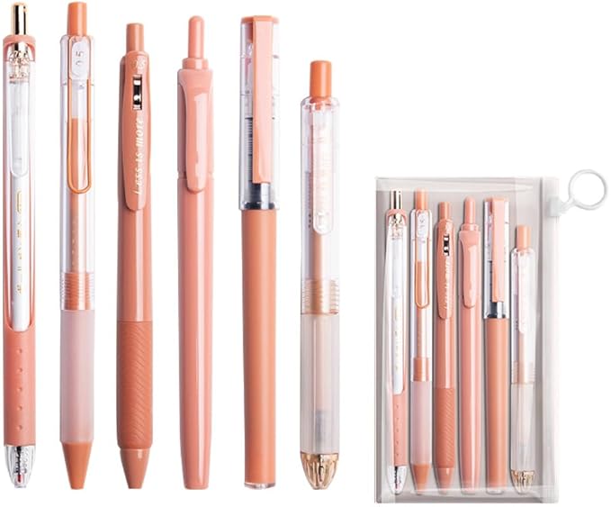 6 Count Pastel Gel Ink Pen Set,Cute Note Taking 0.5mm Fine Point Retractable 5 Count Black Ink Pens with 1 Count Highlighter for Writing, Journaling, School, Office (Caramel Brown)