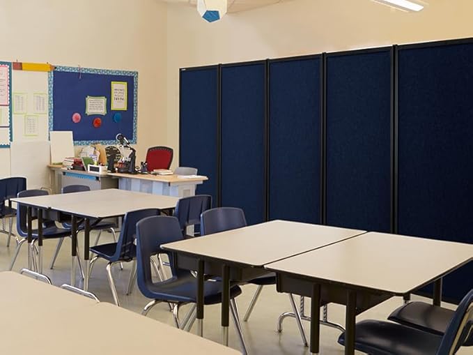 Upgrade Version Room Partition and Divider, Freestanding Rolling Dividers with Wheels,Office Privacy Screen Divider Wall,Classroom Felt Dividers,8'2"L* 6'7"H,4 Panel，Blue