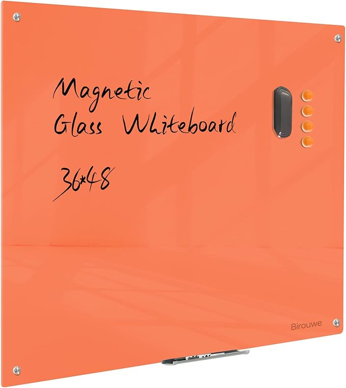 Magnetic Glass Dry Erase Board - White Board 48 x 36 Inch Wall Mounted Glass Whiteboard, Large Frameless Glass White Board for Wall Office, Home & School, Orange