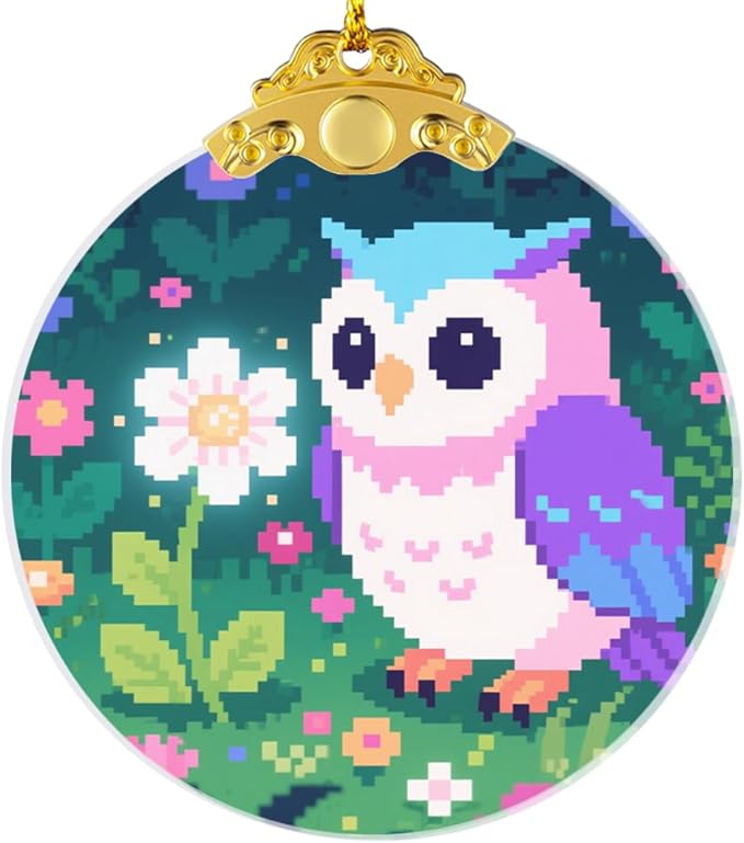 Pixel Art Owl in Flowers Ornaments, Owl Christmas Ornament, Owls Gifts for Women, Owls Decor Bird Ornament 2.75" Glass Decorative Hanging Ornaments