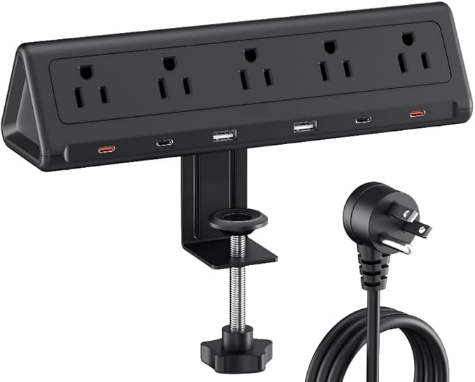 10 FT Desk Clamp Power Strip with 5 AC Outlets & 6 USB Ports PD 40W USB-C Fast Charging, 1250J Surge Protector, Fits 2.6 in top Edge Black