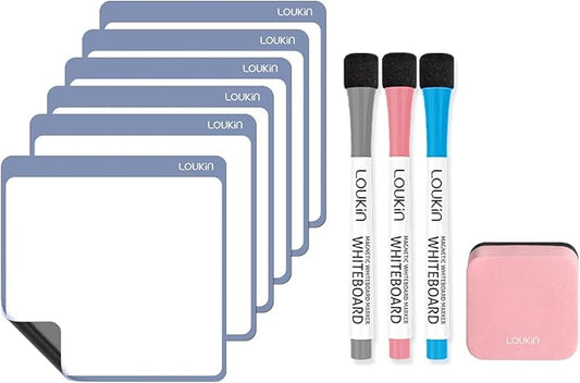 loukin Dry Erase Mini Note 6 Pack, Electrostatic Adsorption Whiteboard Sticker, Reusable notepads for Office, Classroom, Refrigerator, Clings Any Shiny Surface, 3 Color Markers & 1 Eraser Included