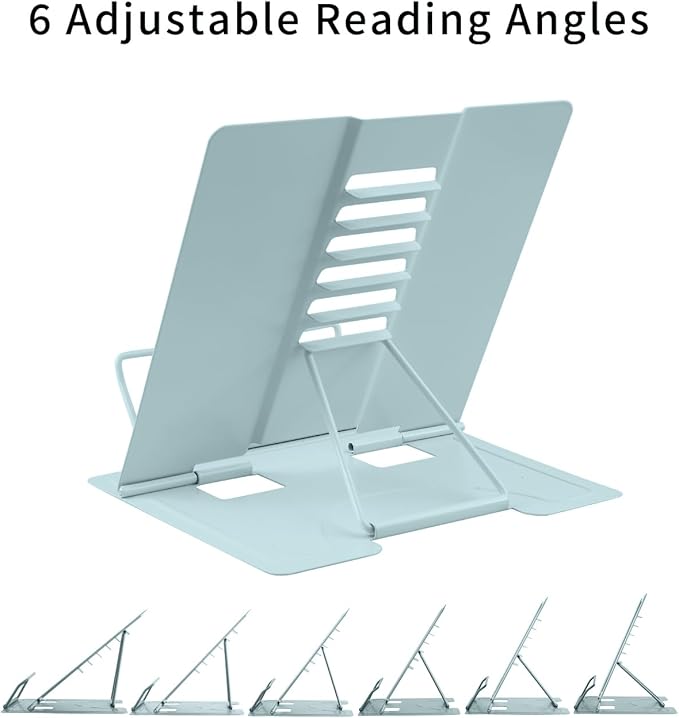 MSDADA Book Stand Metal Reading Rest Book Holder Adjustable Cookbook Documents Holder Portable Bookstands for Recipes Textbooks Tablet Music Books with Page Clips (Olive Green)