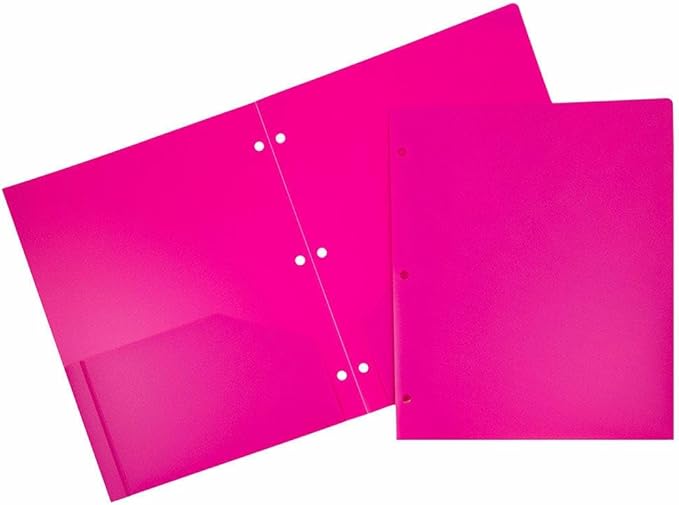 JAM PAPER Heavy Duty Plastic 3 Hole Punch Pocket Folders - Extra Tough School Folders - Fuchsia Hot Pink - Bulk 48/Pack
