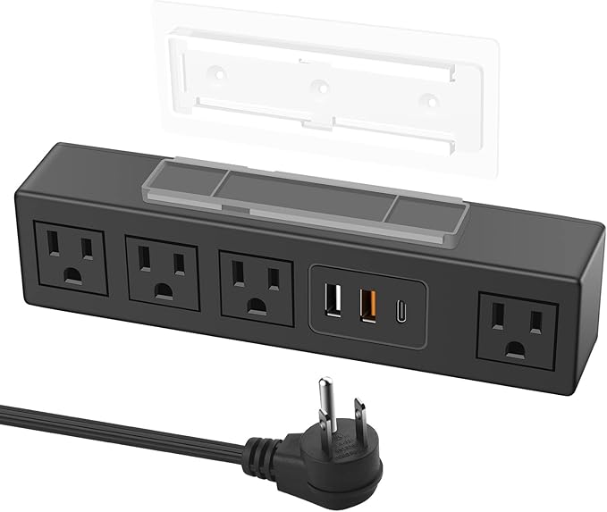 HHSOET 45W Under Desk Power Strip with 3M Adhesive, Removable Under Desktop Mount Plug with Fast Charging USB C and USB A Ports, 4 Outlet Under Table Surge Protector 1200J, 6FT Extension Cord. (Black)