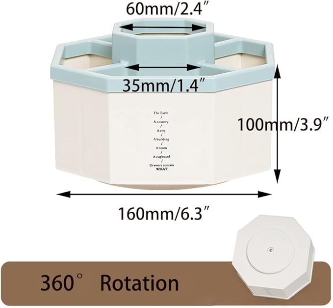 Desk Organizer, 360-Degree Rotating Multi-Functional Pen Holder, 5 Compartments Desktop Stationary Organizer, Home Office Art Supply Storage Box Caddy (White+Blue)