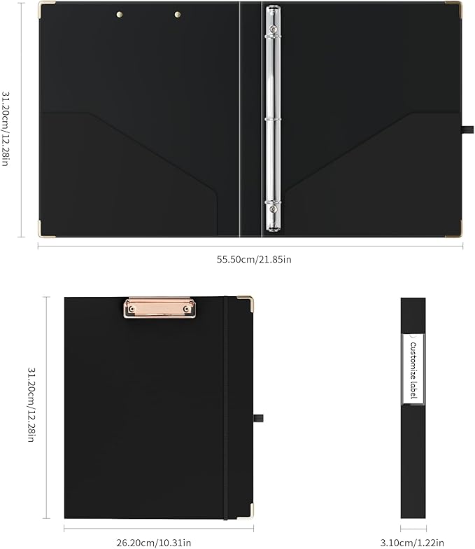 Ospelelf 3 Ring Binder, 1/2 Inch, Cute Letter Size (11" x 8.5") with 5 Tab Dividers, File Folder Labels and Low Profile Clipboards, Black for School and Office