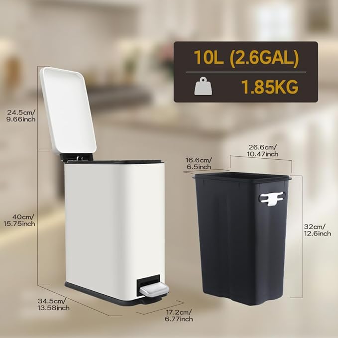 Bathroom Trash Can, 2.6 Gallon Trash Can with Lid, Stainless Steel Pedal Trash Bin with Removable Liner for Bathroom, Bedroom, Kitchen, Office,10 Liter White Garbage Can