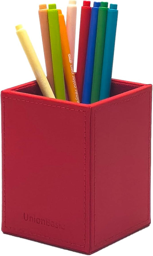 UnionBasic Square Pen Holder, Leather Pencil Cup, Desktop Caddy Stationery Organizer, Red