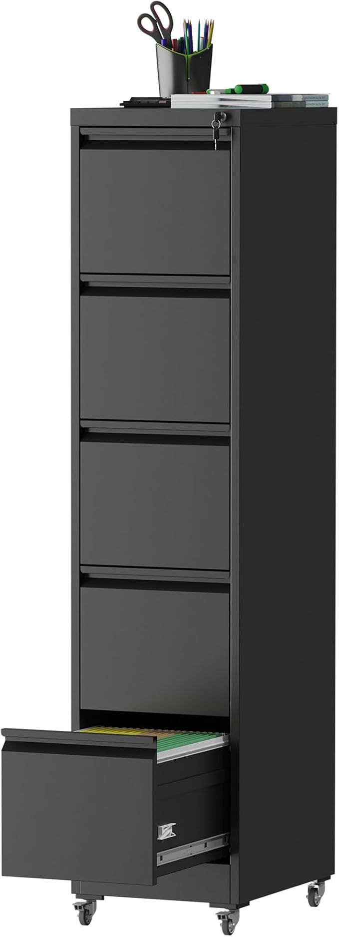 5 Drawers Filing Cabient with Wheel, File Cabinet with Lock, Steel Vertical Filing Storage Cabinet for Office, Heavy-Duty File Cabinets for Letters/Legal/A4 (Require Assembly, Black)