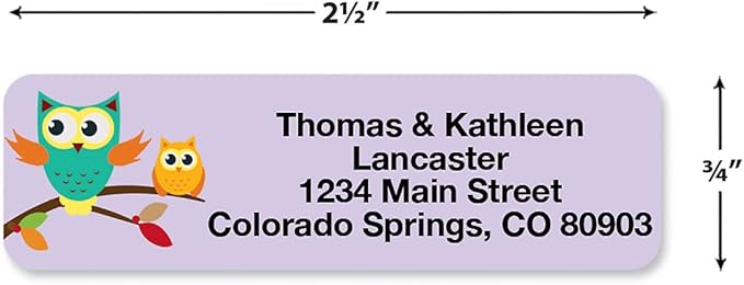 Owls Seasonal Rolled Personalized Return Address Mailing Labels with Dispenser, Set of 250, 5 Designs, Small ¾ x 2½ Inch Size, Custom Self-Adhesive Sticker Roll, by Colorful Images