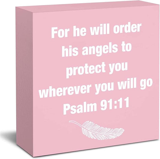 Pink Christian Office Decor Cute Cubicle Desk Accessories Psalm 91:11 Inspirational Gifts for Women Office Pink Sign Desk Decorations for Women Home