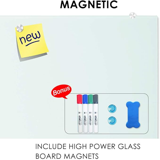 DEVELOP Magnetic Glass Whiteboard, 24 x 18 Inches (60 x 45 cm), Small Tempered Glass Dry Erase Board for Wall, Frameless White Board with Marker Tray, 4 Markers, 2 Magnets, 1 Eraser