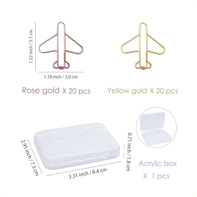OWLFAVO 40pcs Airplane Shape Paper Clips with Clear Box, Rose Gold and Yellow Gold, Funny Cute Paperclips Bookmarks Planner Clips for Fun Office Supplies School Gifts Wedding Decoration