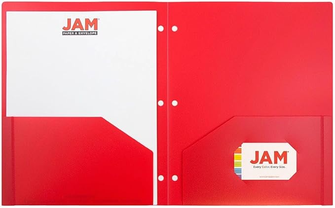 JAM PAPER Heavy Duty Plastic 3 Hole Punch Pocket Folders - Extra Tough School Folders - Red - 3/Pack