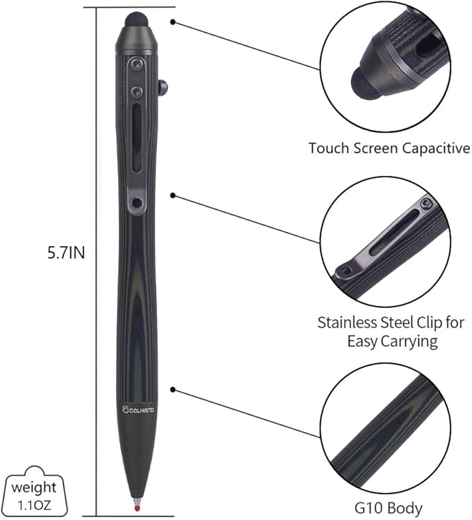 Cool Hand 5.7'' Bolt Action Pens, EDC Ballpoint Ink Refillable, Stylus for Touch Screen, G10 Body w/Pocket Clip, Ergonomic Grip, with a Free Refill, 5374-G