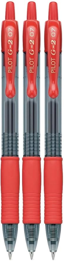 G2 Retractable Premium Gel Ink Roller Ball Pens Fine Point Fine Point (.7mm) Red Ink 3-pk; Refillable & Premium Comfort Grip Bundle with Plastic Reusable Pouch