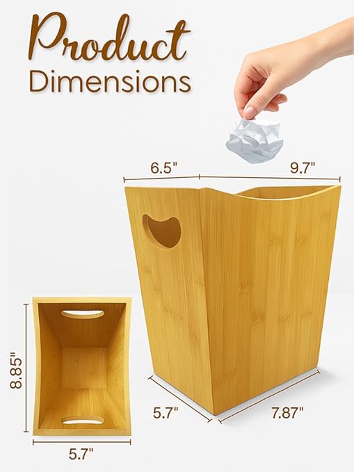 Wood Trash Can - Bedroom Trash Can Decorative with Handles - Bamboo Small Wastebaskets for Bathroom - 2 Gallon Rectangular Waste Basket for Office, Living Room, Kitchen Under Counter