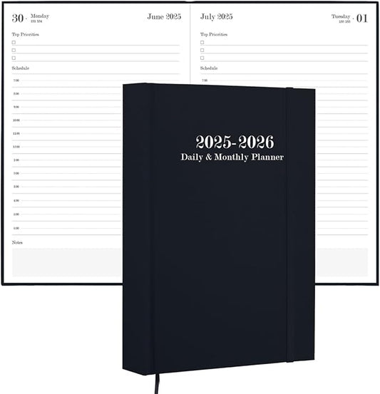 2025-2026 Daily & Monthly Planner - Daily Planner One Page Per Day from July 2025 to June 2026, 5.8'' x 8.3'' Hourly Appointment Book Perfect Organizer Daily Life, Fabric Cover, Black