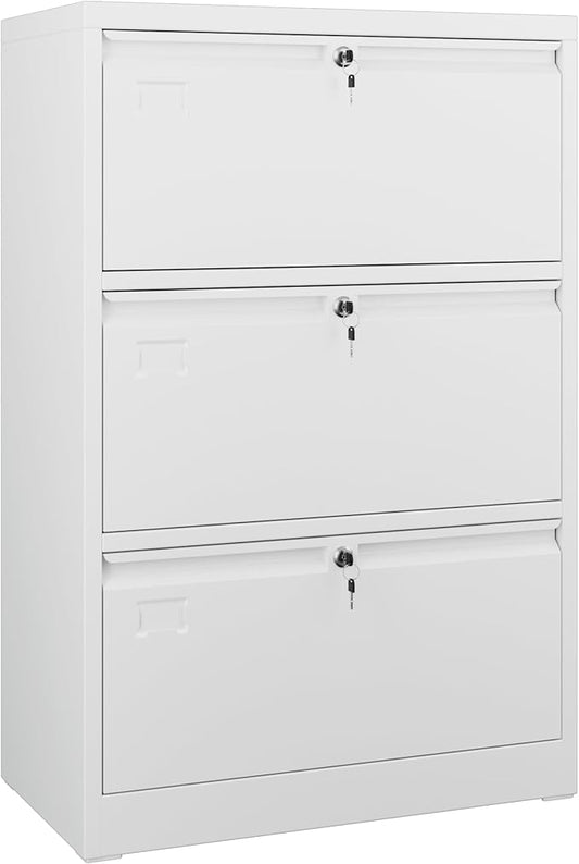 Aobabo 3 Drawer Wide Lateral File Cabinet, Metal Filing Cabinet with Lock, Suitable for Home Office School Hanging Files Letter/Legal/F4/A4 Size,White,Required-Assembly,15.87" D x 28.94" W x 43.62" H