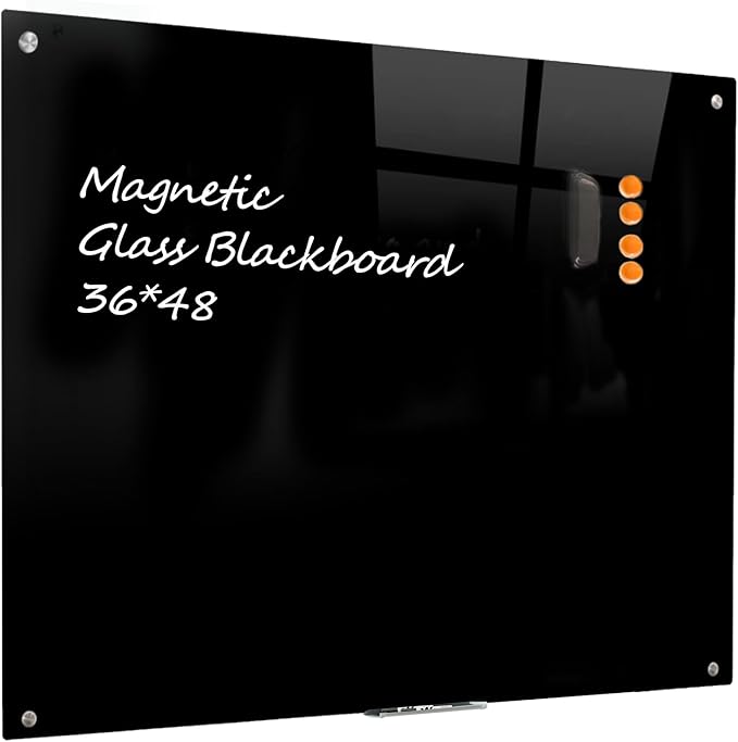 Glass Black Board Magnetic Dry Erase Board - Black Board 48 x 36 Inches Wall Mounted Glass Blackboard, Large Frameless Glass Black Board for Wall Office, Home & School