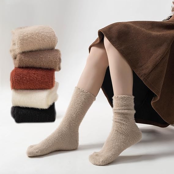 SISOSOCK 5 Pairs Fuzzy Soft Cozy Fluffy Socks for Women, Casual Warm Sleep Comfy Socks, Thick Winter Plush Gifts for Women