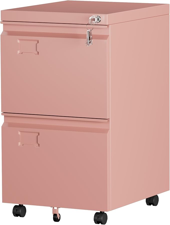 SUXXAN 2 Drawer Mobile File Cabinet with Lock, Under Desk Metal Filing Cabinet for Office, Home,Vertical Cabinet Legal/Letter Size, Need to Assembled (Pink)