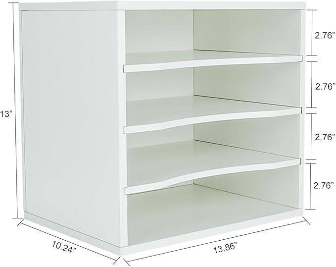 PAG Mail Sorter Organizer, Wood Countertop Literature Organizer, Office Supplies Desktop File Bill Paper Organizer for Office Home School, 4 Compartments, White