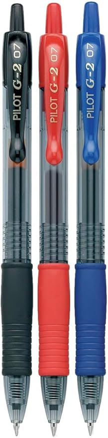 G2 Retractable Premium Gel Ink Roller Ball Pens Fine Point Fine Point (.7mm) Black/Blue/Red Ink 3-pk; Refillable & Premium Comfort Grip Bundle with Plastic Reusable Pouch