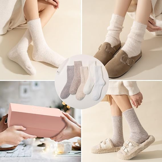 SISOSOCK 5 Pairs Fuzzy Soft Cozy Fluffy Socks for Women, Casual Warm Sleep Comfy Socks, Thick Winter Plush Gifts for Women