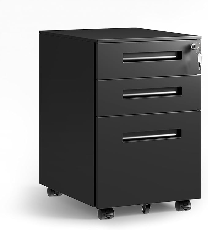 DEVAISE 3-Drawer Metal File Cabinet with Lock, Mobile Filing Cabinet Under Desk for Home Office, Fully Assembled Printer Stand fits A4/F4/Letter/Legal Size, Black, 20" D x 15" W x 24" H