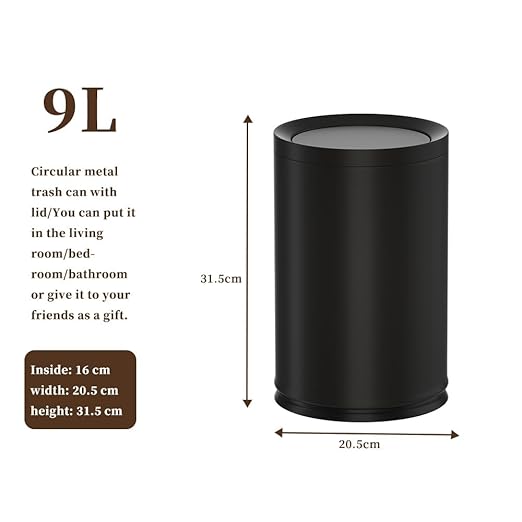 2.3/9L Gallon Metal Trash Can with Lid,Black,Light Luxury,Elegant Garbage Can,Bathroom Waste Basket,for Living Room,Home,Bedroom,Office,Bank,Under Desk(9L-Black)