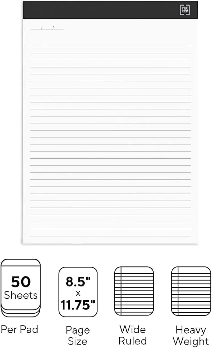 TRU RED Staples Notepads, 8.5-inch x 11.75-inch, Wide Ruled, White, 50 Sheets/Pad, 12 Pads/Pack (TR57382)