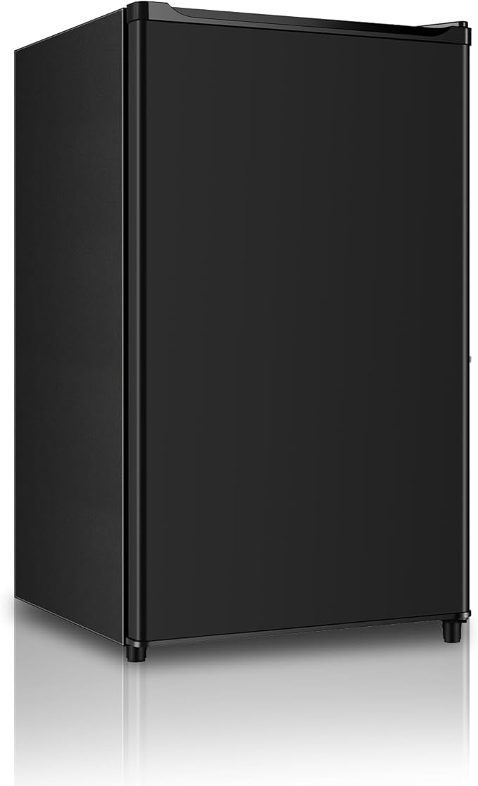 Seaoola Mini Fridge with Freezer, Single Door 4.4 Cu.Ft, Compact Mini Refrigerator, LED Light, Adjustable Thermostat, Removable Glass Shelves, Small Refrigerator for Dorm/Office/Bedroom(Black)