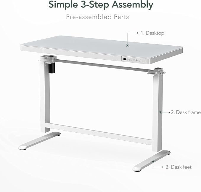 FLEXISPOT Electric Glass Standing Desk with Drawer Desktop & Adjustable Frame Quick Install w/USB Charge Ports, Child Lock (White, Glass)